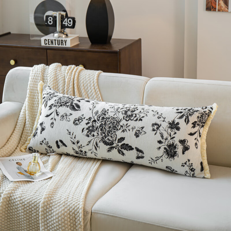 恒源祥抱枕长枕头雪尼尔流苏花边靠腰枕套睡觉夹腿抱枕侧睡抱枕沙发抱枕 蝶之恋-复古黑【雪尼尔流苏花边】 90cm*35cm 枕套