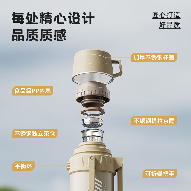 恩尔美(nRMEi)保温杯壶大容量316不锈钢户外72小时暖水壶便携车载旅行保温水壶 米黄2.0L【保温72H+背带+茶仓】