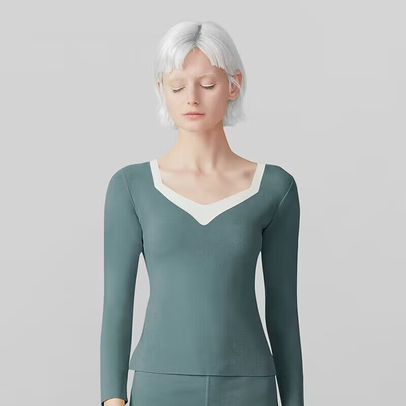 舒氧德绒无痕保暖内衣女士带胸垫秋衣秋裤套装内穿带胸垫冬季上衣 蓝色-上衣 M 【适合90-105斤】