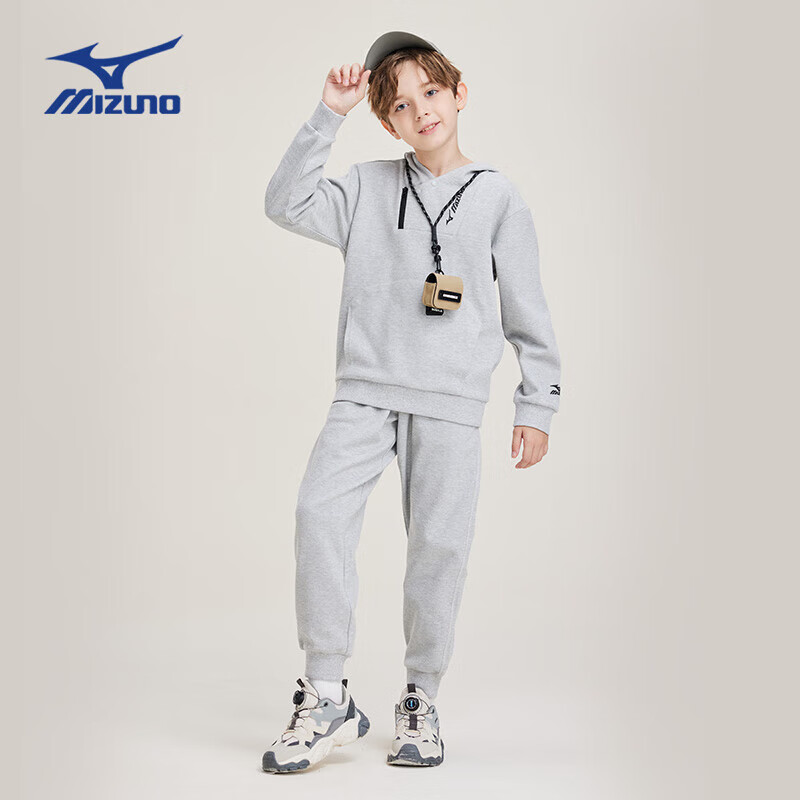 美津浓(MIZUNO)春秋新款男童长袖卫衣卫裤套装中大童连帽衫潮流户外运动 花灰色 120 cm