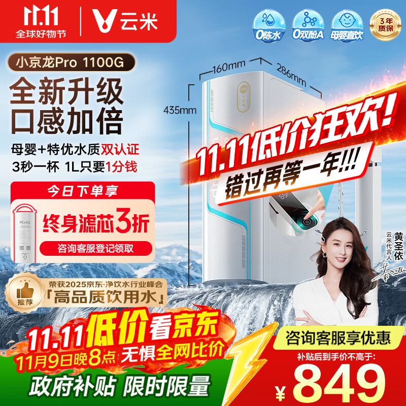 云米（VIOMI）净水器家用小京龙Pro1100G纯水ro反渗透0阻垢剂厨下式母婴直饮自来水过滤器净水机净饮机 国家补贴