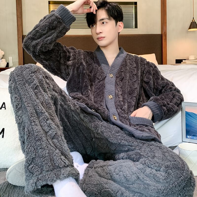维多利亚的格调珊瑚绒睡衣男秋冬青少年加厚加绒长袖高中生毛绒家居服法兰绒套装 男长毛绒ZHL-方块格深灰五角星8153 XL (120-140斤