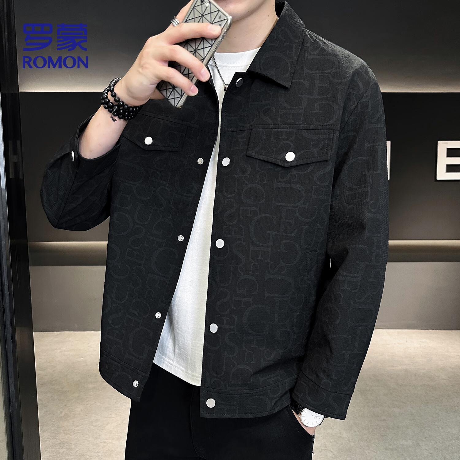 罗蒙（ROMON）夹克男士秋冬加棉新款休闲潮流棉服翻领外套男款ZHL21黑色XL