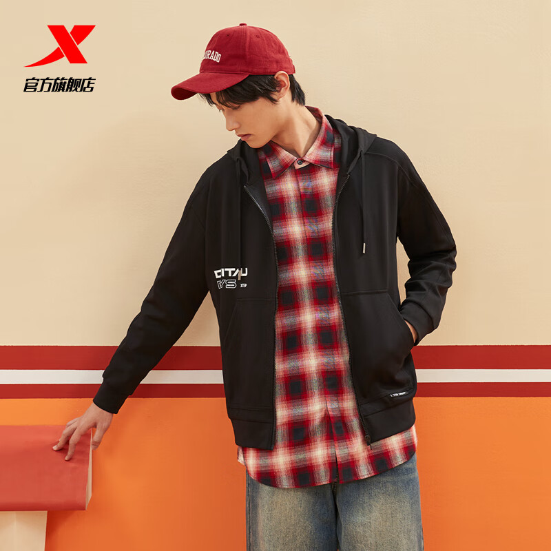 特步（XTEP）ZW【门店同款】运动外套春季新款男装针织开衫连帽休闲上衣男 正黑色 M