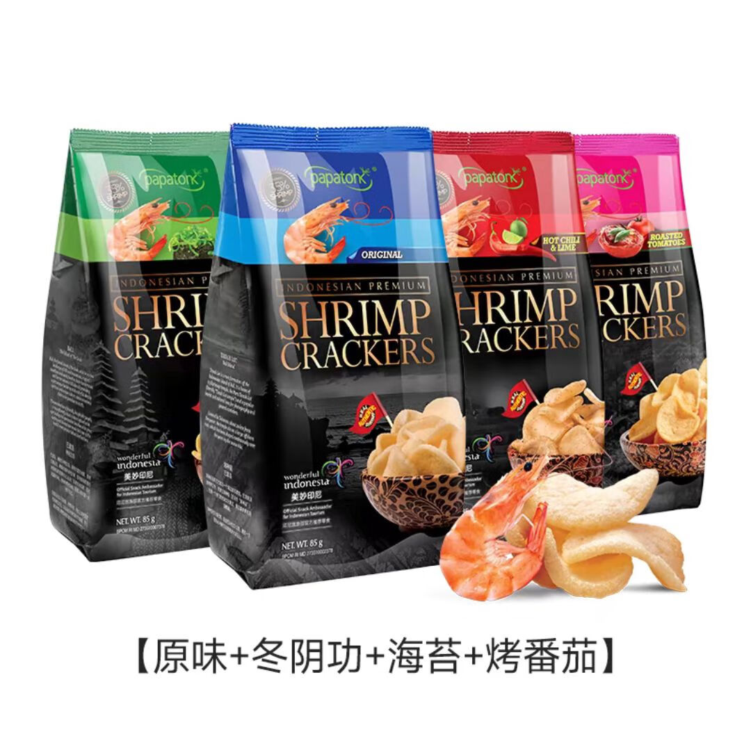 啪啪通（Papatonk）啪啪通蝦片海鮮蝦片香脆休閑追劇薯片85g印尼進(jìn)口零食 4款蝦片各一袋