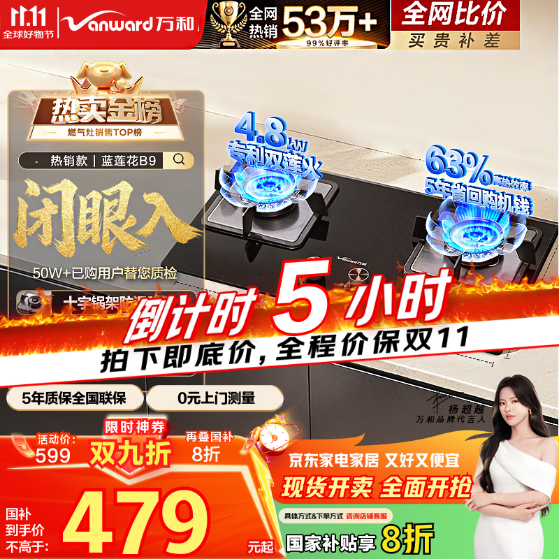 万和（Vanward）【蓝莲花B9】液化气燃气灶4.8kW猛火烟灶联动家电以旧换新国家补贴20%嵌入家用煤气双炉具台B9L50