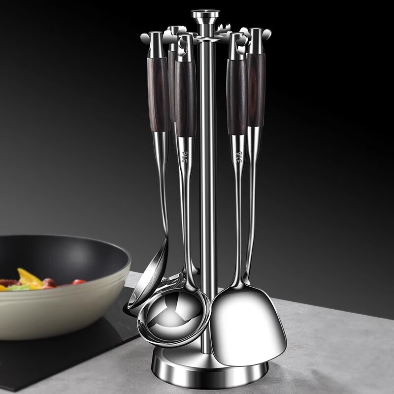 骆骐亚德国316不锈钢锅铲套装炒菜铲子厨具家用炒菜勺长柄汤勺漏勺煎铲 316钢 彩木柄 六件套