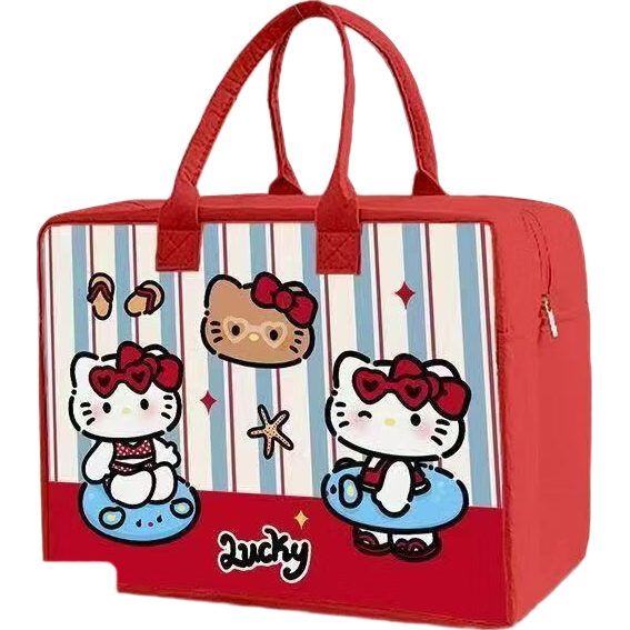 卡通毛毡旅行包收纳收纳袋大容量可爱外出行李包拉杆箱可套必备 红色KT猫【40cm*30cm*20cm】可挂行李箱