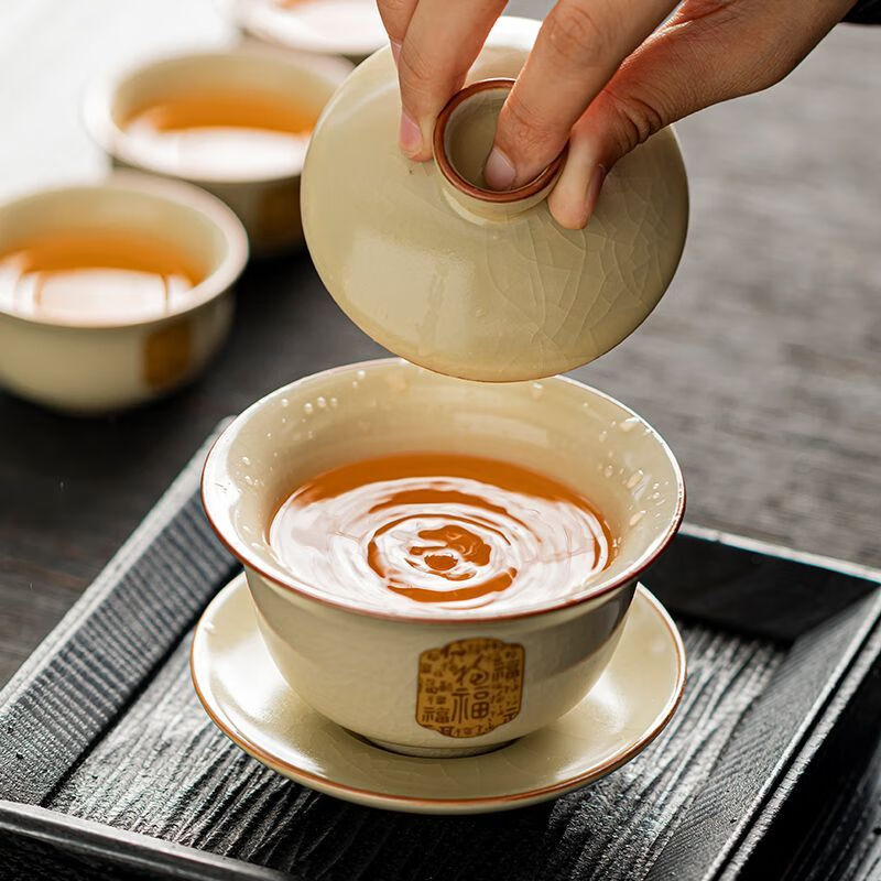 北牧星汝窑功夫茶具零配单品提梁茶壶盖碗茶杯公道茶海陶瓷茶洗开片可养 HX汝窑过滤组+汝窑金福公道杯+汝窑金福盖碗 图上有容量尺寸