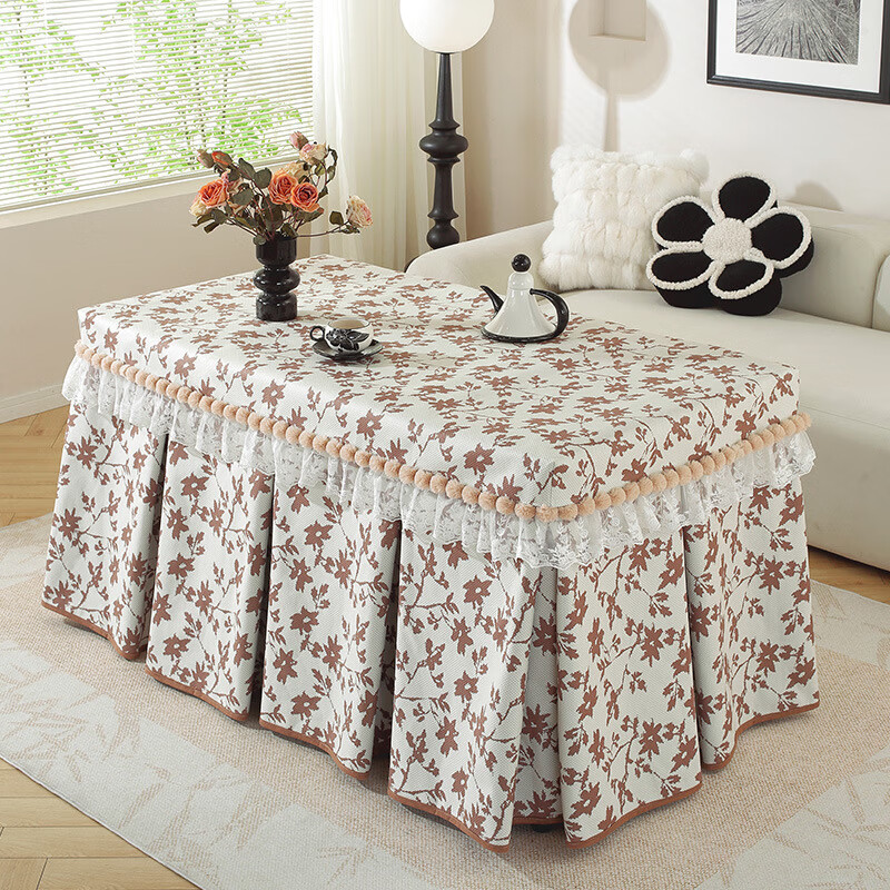 鹿婕美式轻奢烤火罩套长方形电炉罩高级感取暖烤火桌子罩套冬季烤火被 山茶花烤火罩-咖色 支持定做联系客服