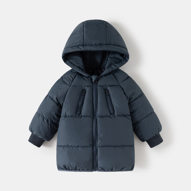 WELLKIDS儿童棉服秋冬装韩版中长款棉衣加厚面包服小童宝宝连帽外套棉袄潮 黑色 90