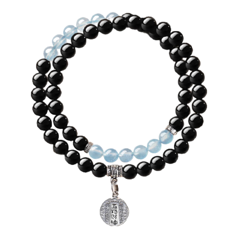 初缘天然水晶手链男女款黑曜石海蓝宝五路财神多圈手串送男女友礼物 黑曜石海蓝宝五路财神手链6mm