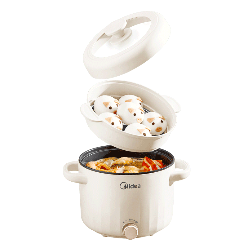 美的（Midea）电煮锅 泡面火锅宿舍小电锅 电蒸锅 多功能家用电热锅 2.6L蒸煮一体 小型2-3人用 配带蒸笼XZE2076