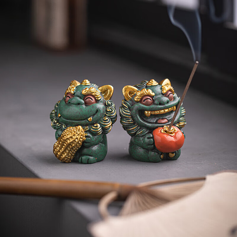 YWZR中式狮子茶宠摆件带底座茶桌茶台茶玩可爱系礼盒装送礼 22_前程似锦-元宝款_(千里江山礼盒装)