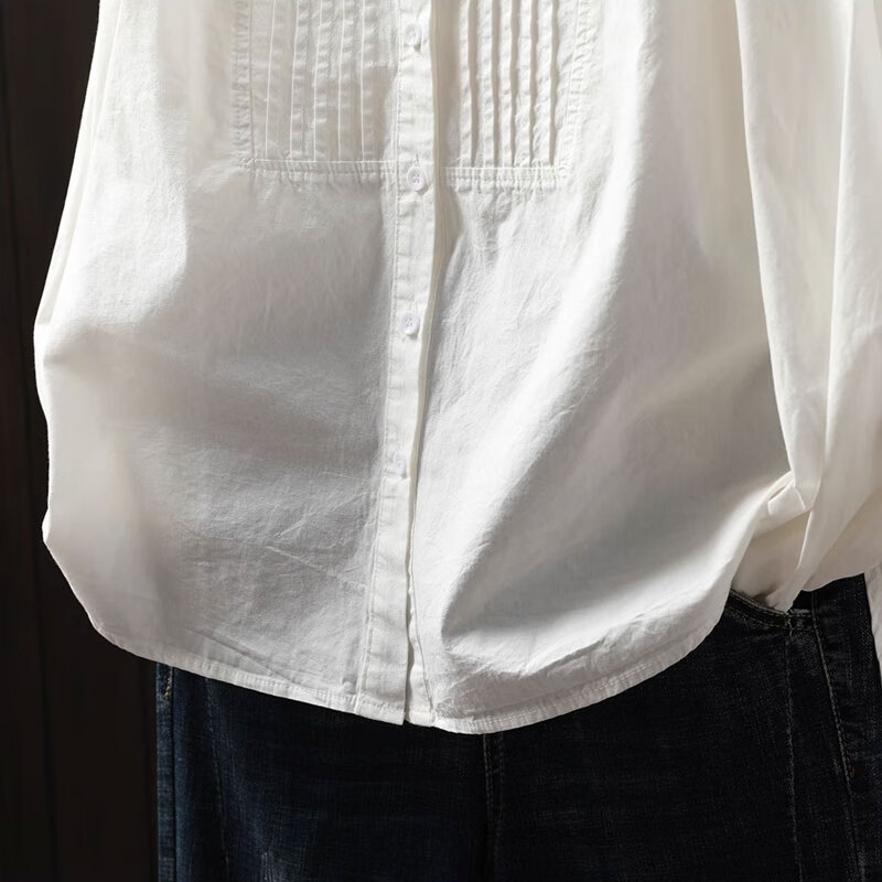 子牧棉麻2026春装 女风琴褶皱衬衫宽松长袖简约休闲百搭立领气质衬衣8856 白色 M (建议95-115斤)