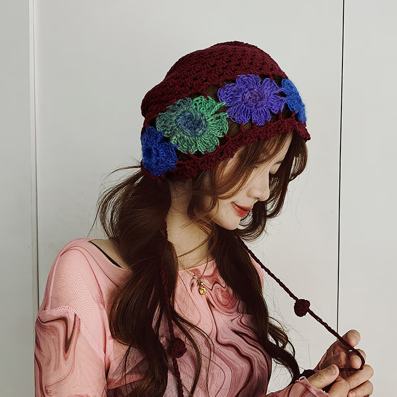 枫顾蓝藏族帽子蔡小胖民族风复古手工钩花缕空针织帽女新疆西藏川西旅游 酒红色 可调节