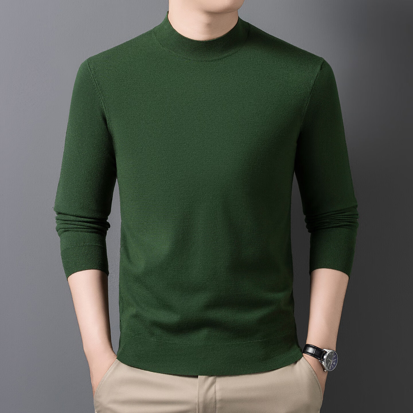 【品牌特价】高档男士半高领长袖羊毛衫精纺针织衫可机洗羊毛衫 翡翠绿 2XL 【建议145-160斤】