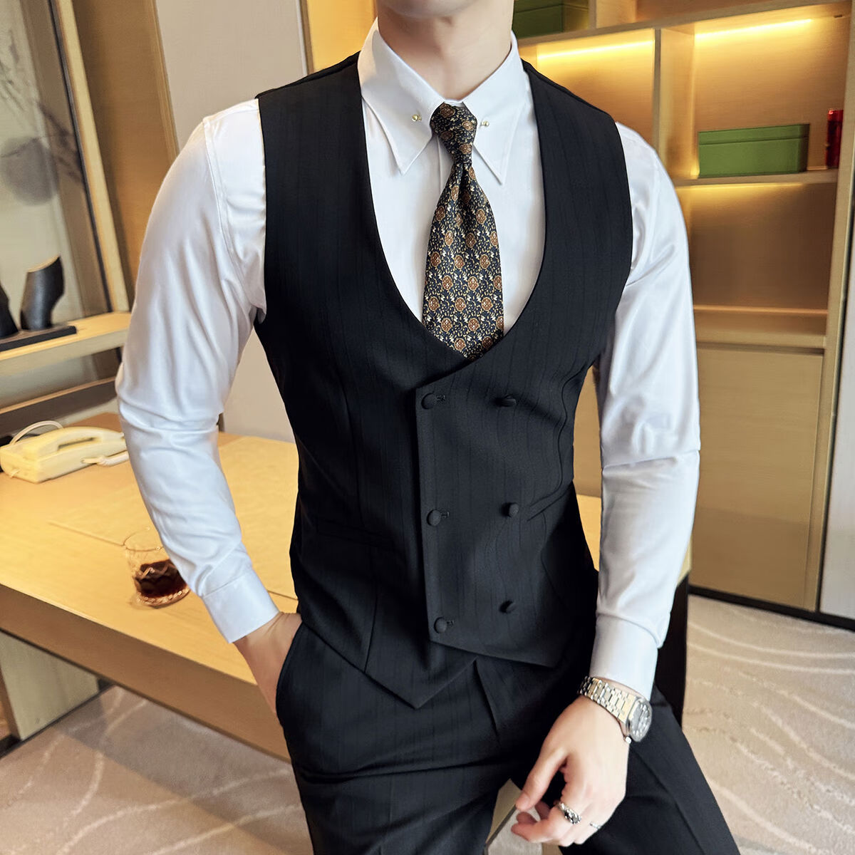 京严甄选英伦风双排扣条纹马甲男2024新款商务休闲英伦风修身伴郎