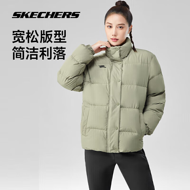 斯凯奇（Skechers）羽绒服男女同款鸭绒外套立领保暖防泼水上衣舒适运动风衣面包服 【三防科技】草药米色/02BV L