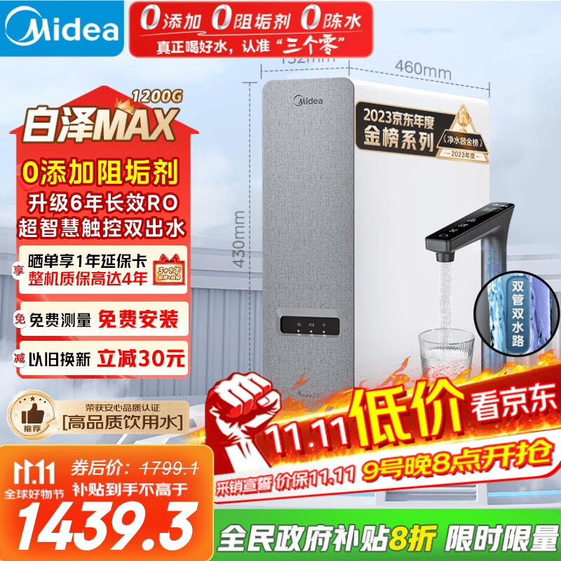 美的（Midea）【白泽Max 1200G】0阻垢剂净水器国家补贴家用 6年RO反渗透厨下式直饮过滤净水机 触控屏双出水