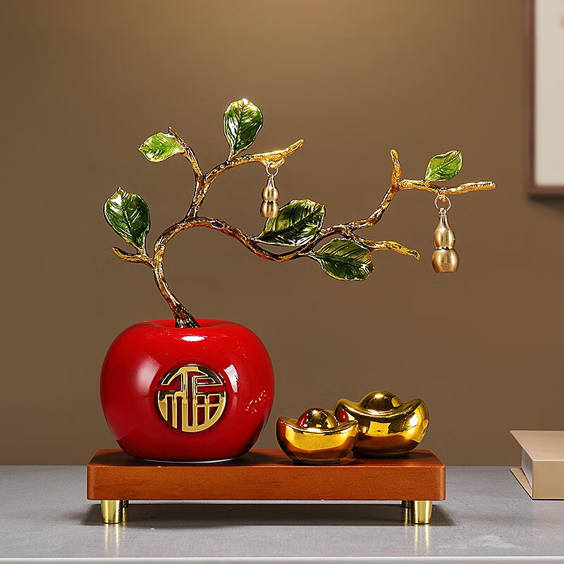 赟娅事事如意柿子桌面摆件入户玄关新中式家居陶瓷装饰品乔迁高档礼物 珐琅彩平安喜乐【苹果】+高底座（红色）【礼盒装】