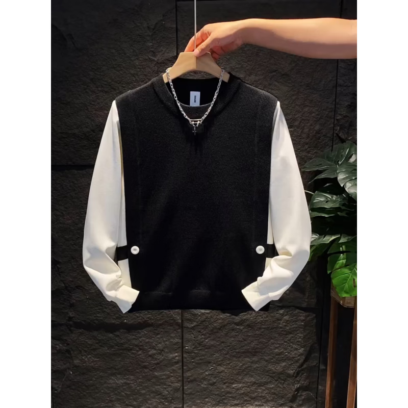 波士顿假两件毛衣冬季时尚针织衫潮流拼接青年新款修身男士百搭打底毛衫 黑色 M 90-120斤