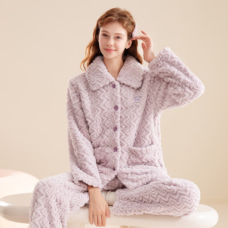 芬腾睡衣女【加厚暖绒】秋冬季少女感保暖翻领开衫长袖家居服套装 香芋紫 L