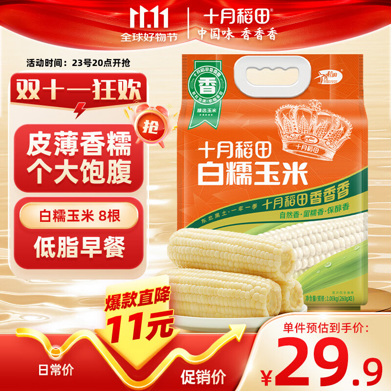 十月稻田 白糯玉米 4.16斤(260g*8根) 东北甜黏玉米棒 早餐苞米 低脂零食