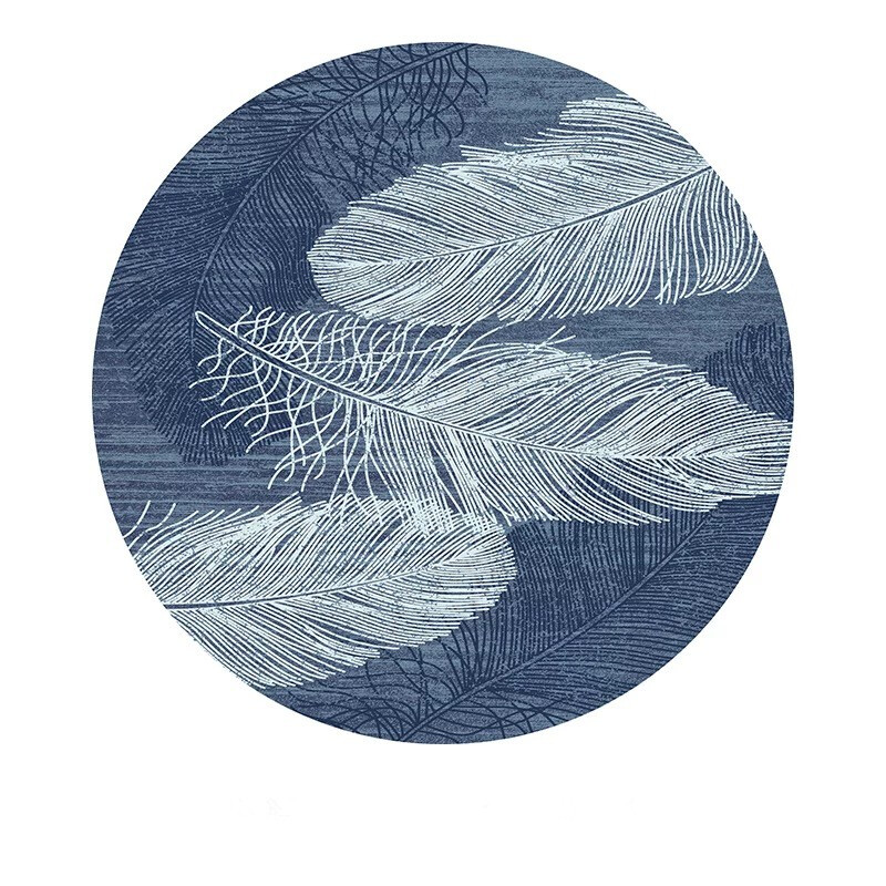欧纶斯 北欧式圆形地毯卧室床边毯 现代简约客厅地毯书房儿童房吊篮垫 蓝色羽毛 100cm×100cm