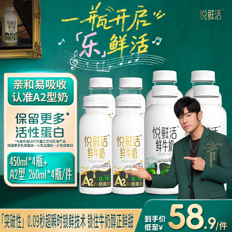 悦鲜活鲜牛奶 保留更多活性蛋白低温奶 450ml家庭装 限时特惠108.85元