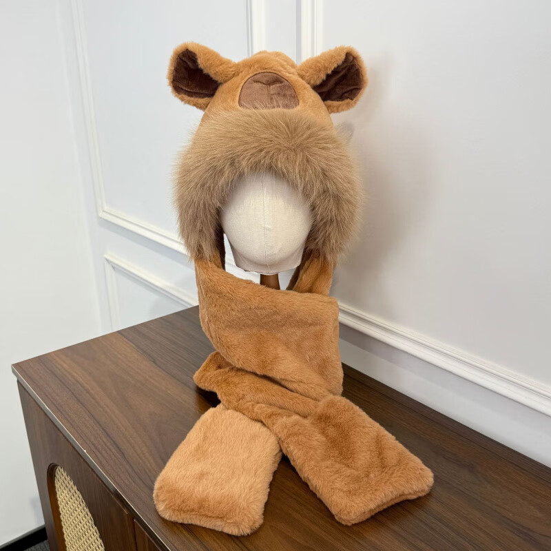 SKONWAT卡皮巴拉儿童帽子围巾手套一体三件套装冬季男女宝宝加厚防风保暖 卡皮巴拉色【三件套】