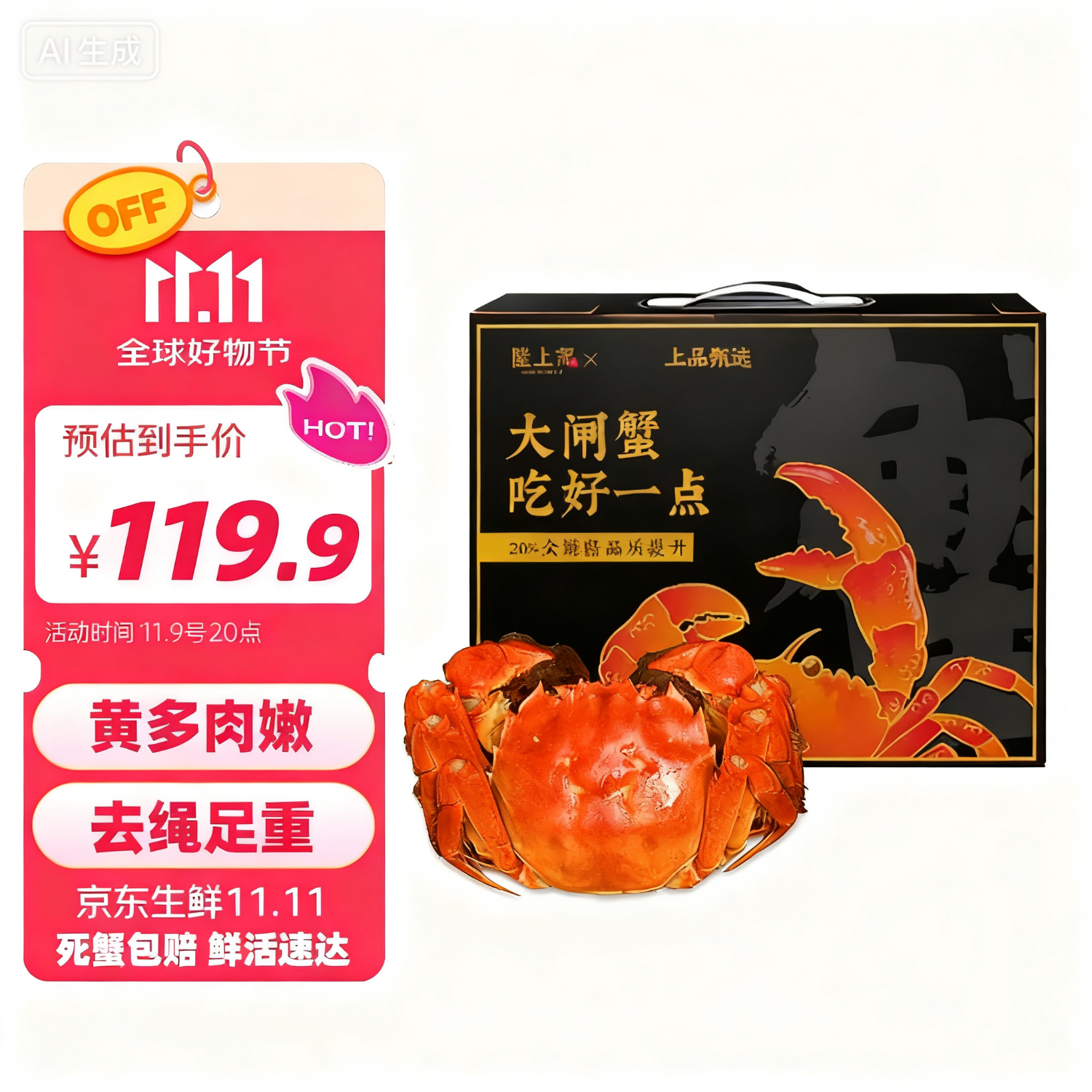 【活蟹】隆上记大闸蟹公3.3-3.6两母2.3-2.6两4对8只 去绳足重鲜活螃蟹生鲜礼盒