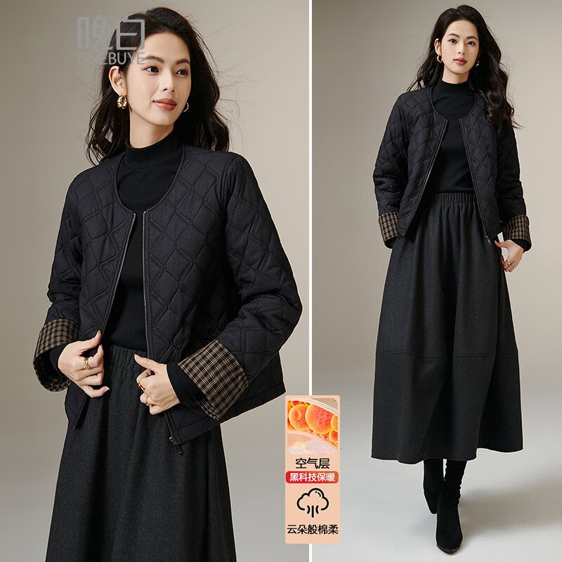 晚白【断码清仓】冬款夹棉加厚保暖圆领菱格纹上衣重要场合夹克小外套 黑色 L