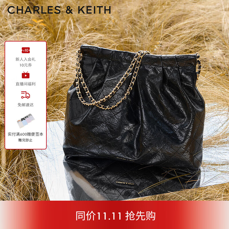 CHARLES&amp;KEITH子母链条大容量流浪包托特包单肩斜挎包女包生日礼物CK2-40671449 Black黑色 L