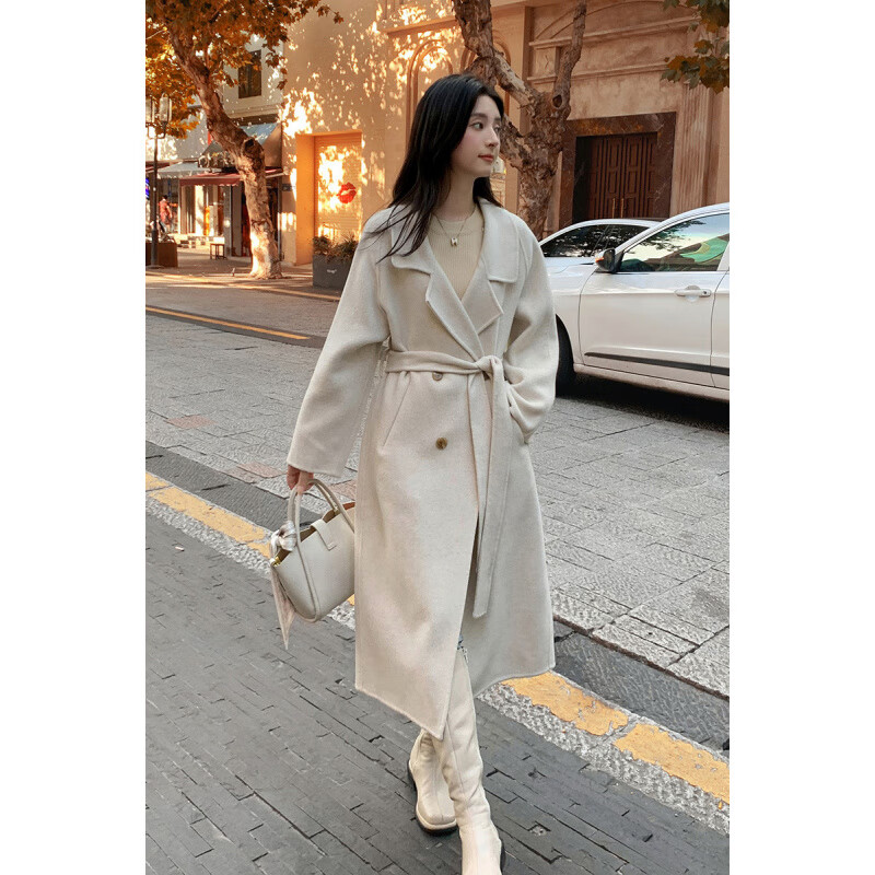 雪蓮（SNOW LOTUS）雙面羊毛大衣女2025秋冬新款韓版寬松系帶設(shè)計(jì)感黑灰羊毛毛呢外套 米白色 XS