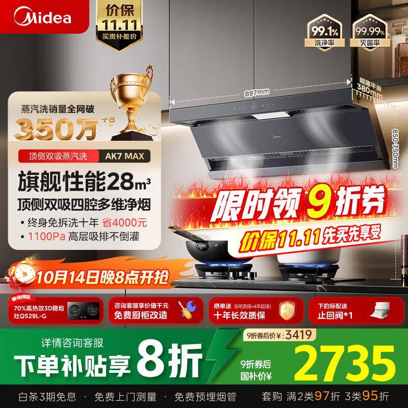 美的（Midea）【蒸汽洗AK7max】抽吸排油烟机家用28风量顶侧双吸变频自清洁烟机以旧换新国家补贴20%可配燃气灶	