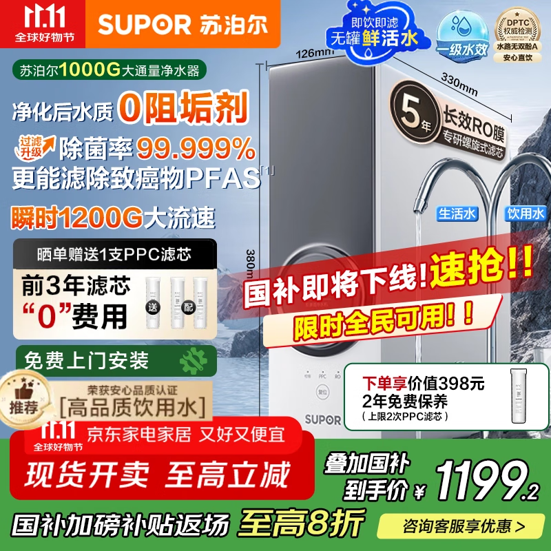 苏泊尔（SUPOR）净水器1000G家用厨房净水机厨下式过滤器5年反渗透RO机净饮机直饮机  净化水后【0阻垢剂】DR1