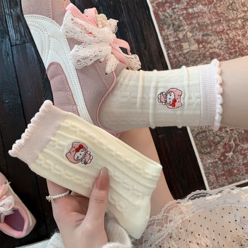 清洁JTT 纯色中筒袜四双装 蝴蝶结kt猫软糯袜子