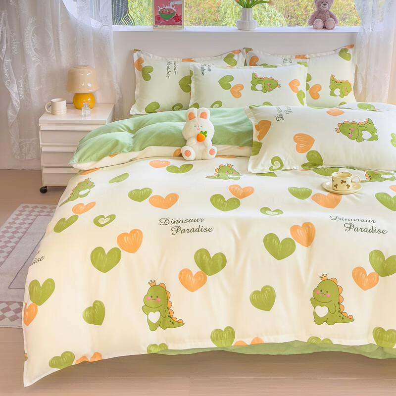 多兰诗（Duolanshi）春夏加厚磨毛四件套 ins四件套花卉田园风格床单被套四件套 心情爱恋M 1.2米 床单款 被套150*200 三件套