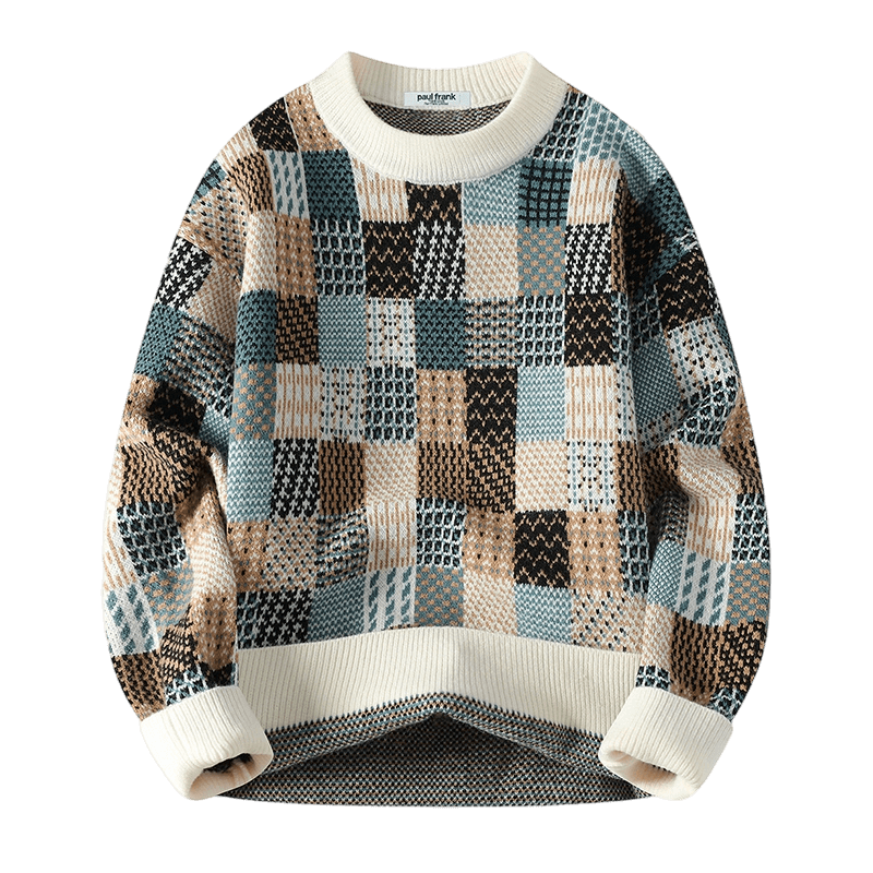 大嘴猴（paul frank）毛衣男士格子拼色针织衫男秋冬季保暖厚款毛线衣外套 藏青色 3XL
