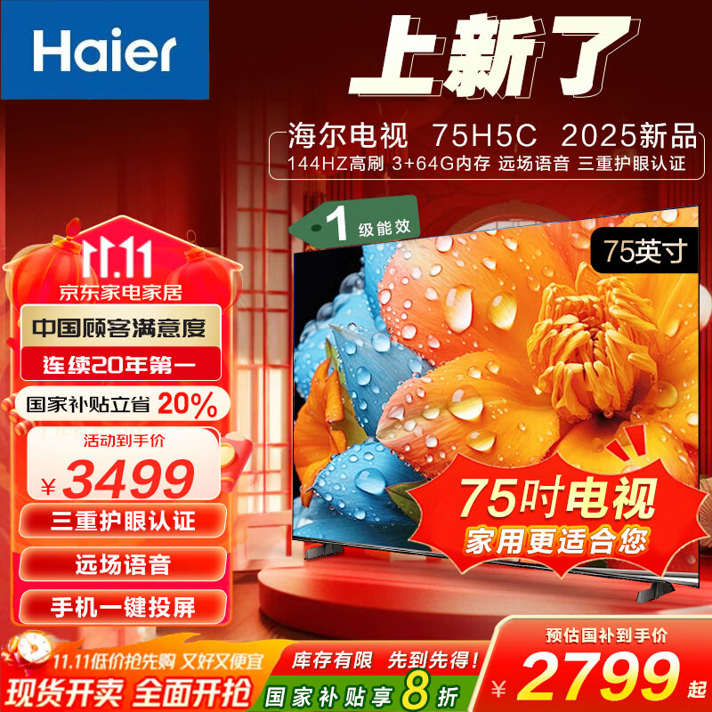 海尔（Haier）电视75英寸智能语音 三重护眼超大内存全通道144HZ高刷  真4K超高清画质黑色全面屏平板智慧屏电视 75英寸 3+64GB|2025新款 |一级能效