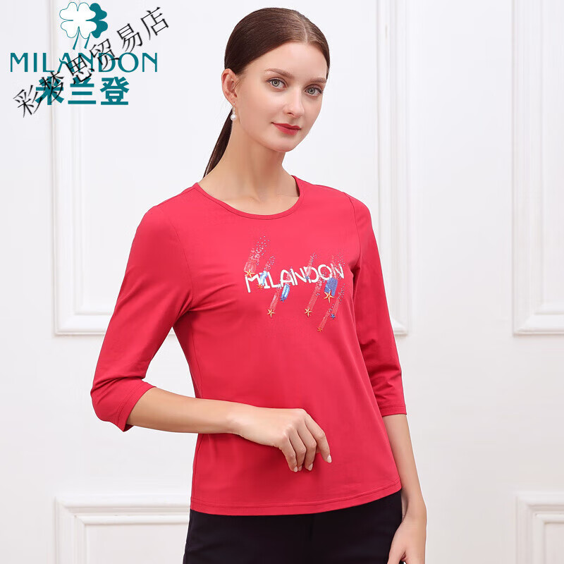 米蘭登（MILANDON）中老年媽媽裝寬松針織T恤衫春秋洋氣舒適時(shí)尚圓領(lǐng)上衣休閑 樹莓紅 L