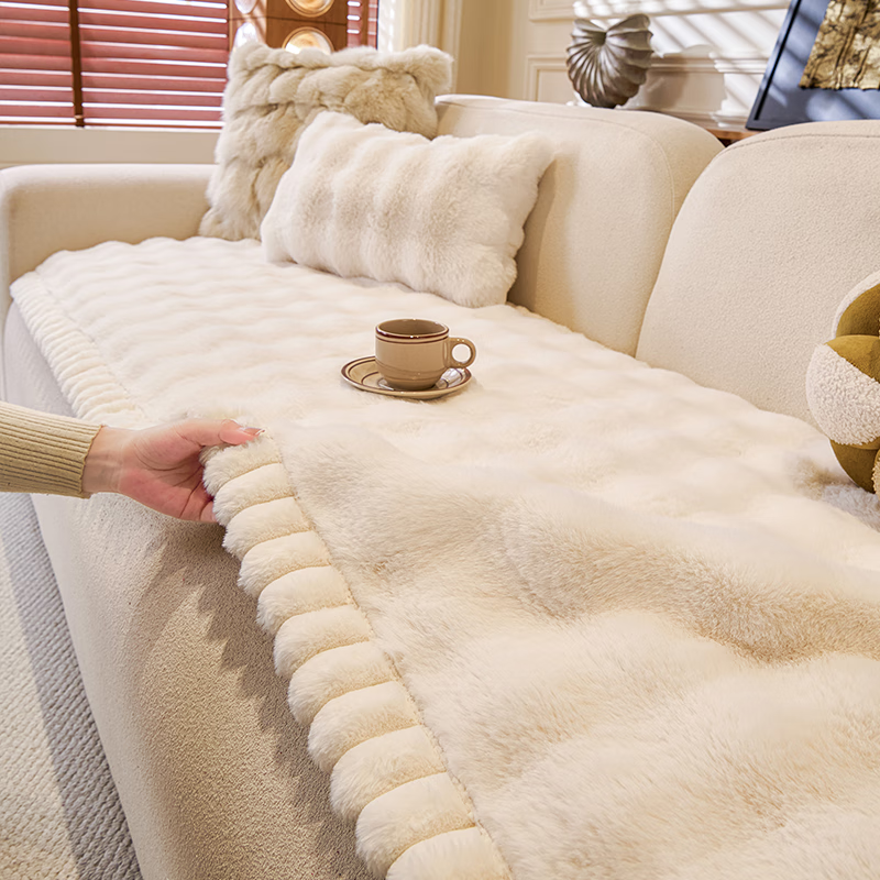 无印良品【优质兔毛绒】沙发垫冬季防滑坐垫2026年新款直排皮沙发座垫专用 沁暖-米白 【皮草级手感|加厚款】 90*180cm (大双人位）