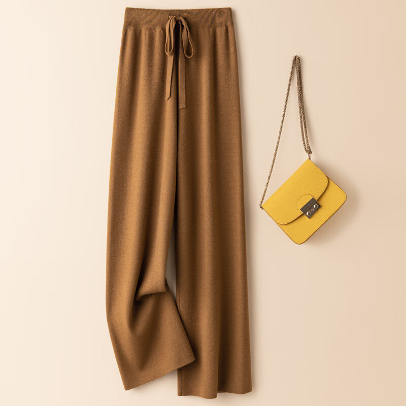 FOURDATRY秋季新款松紧高腰垂感显瘦羊毛休闲针织裤直筒阔腿裤百搭女款外穿 浅驼色 XL