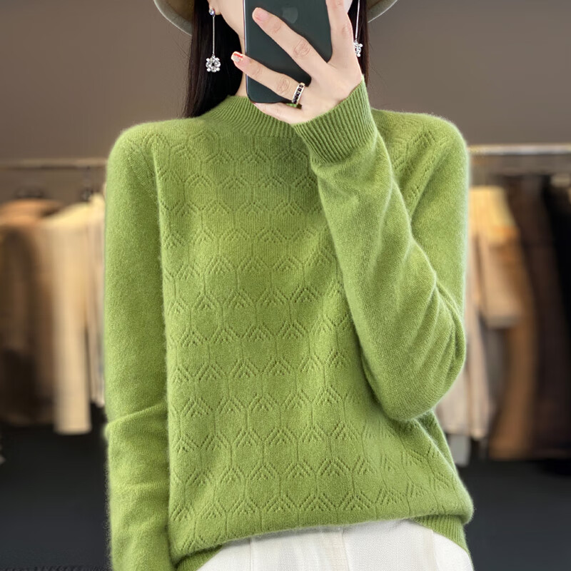 香影芬一线成衣100纯羊毛衫女士半高领镂空长袖上衣宽松百搭羊毛打底衫 白色 M (建议95-105斤)