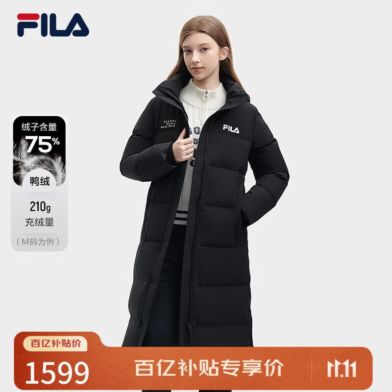 FILA 斐护科技|斐乐女装长款羽绒服冬季休闲简约连帽保暖羽绒外套 正黑色-BK 160/80A/S