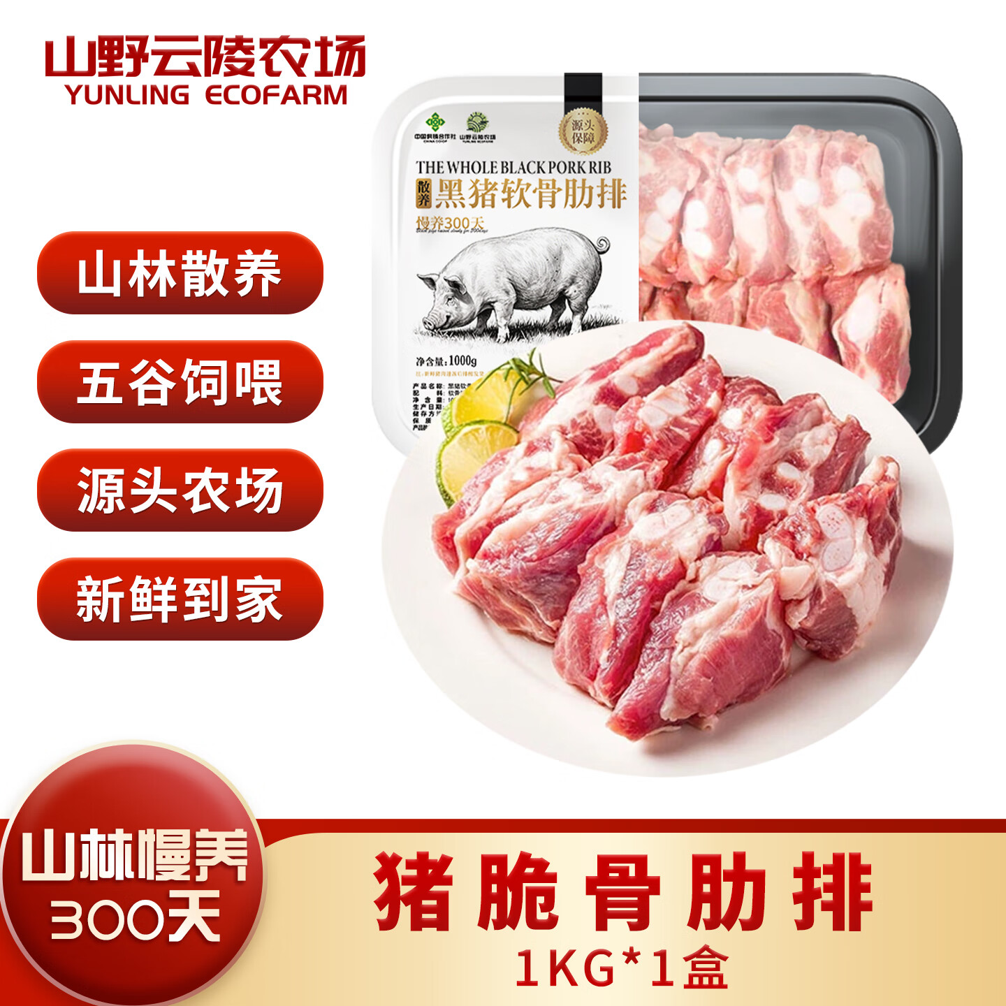 山野云陵农场 黑猪纯肋排中段无脊骨 猪脆骨肋排梅花骨肉 农家土猪300天慢养 猪脆骨肋排1kg*1盒