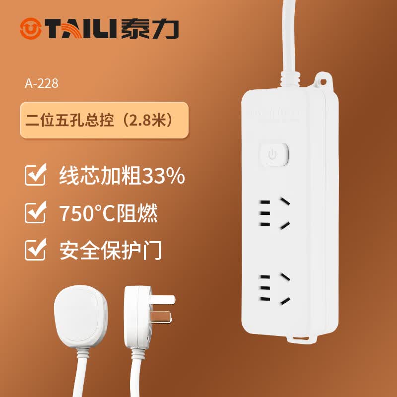 泰力插排usb 插线 插座 多功能接线家用多孔转换器大功率分控电源开关 二位五孔总控（2.8m） 插座