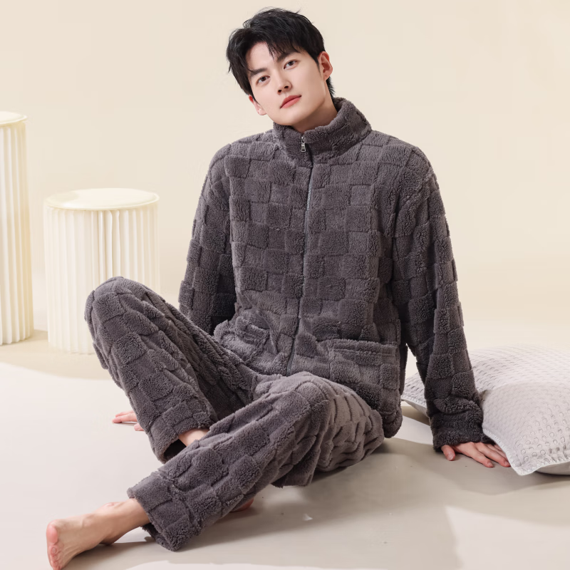 雪中飞睡衣冬季男2025年新款拉链加绒加厚珊瑚绒可外穿大码家居服套装 NSCJF-深灰方格拉链 L 【建议110-130斤】