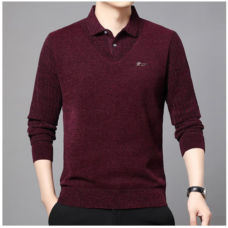 YOUNVFR男士假两件雪尼尔保暖T恤中年加绒加厚一体绒毛衣打底衫 灰色 XL